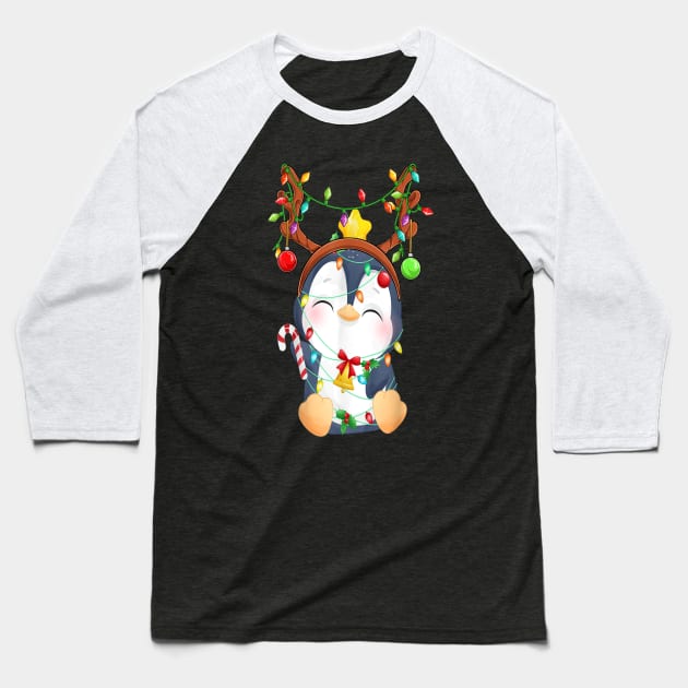 Cute Penguin Christmas Reindeer Color Lights Happy Holiday Baseball T-Shirt by Brodrick Arlette Store